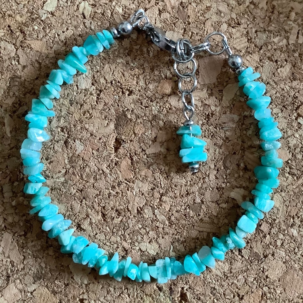Peruvian Amazonite bead bracelet 7.5”-8.5” Steel